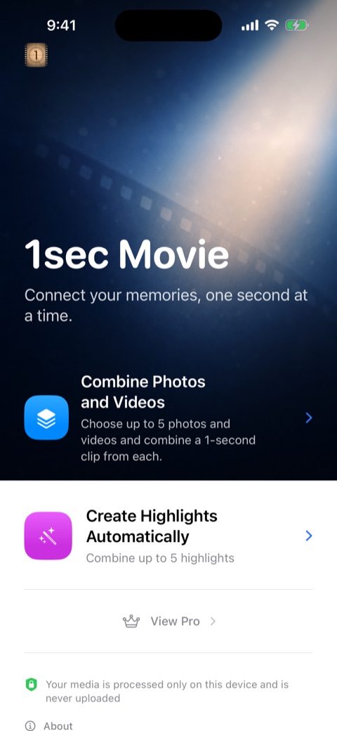 The 1sec Movie home screen showing options to combine photos and videos or find highlights in a longer video