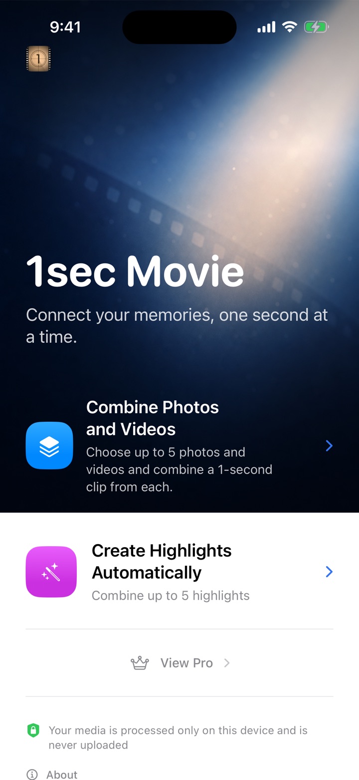 The 1sec Movie home screen with options to combine photos and videos or create highlights automatically